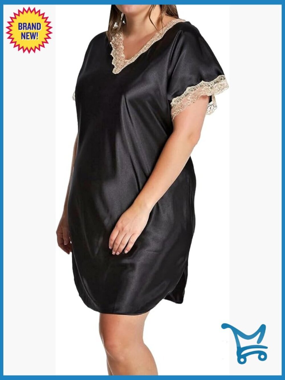 Short Sleeve Satin Sleepshirt with Lace Trim - Relaxed Fit Nightgown